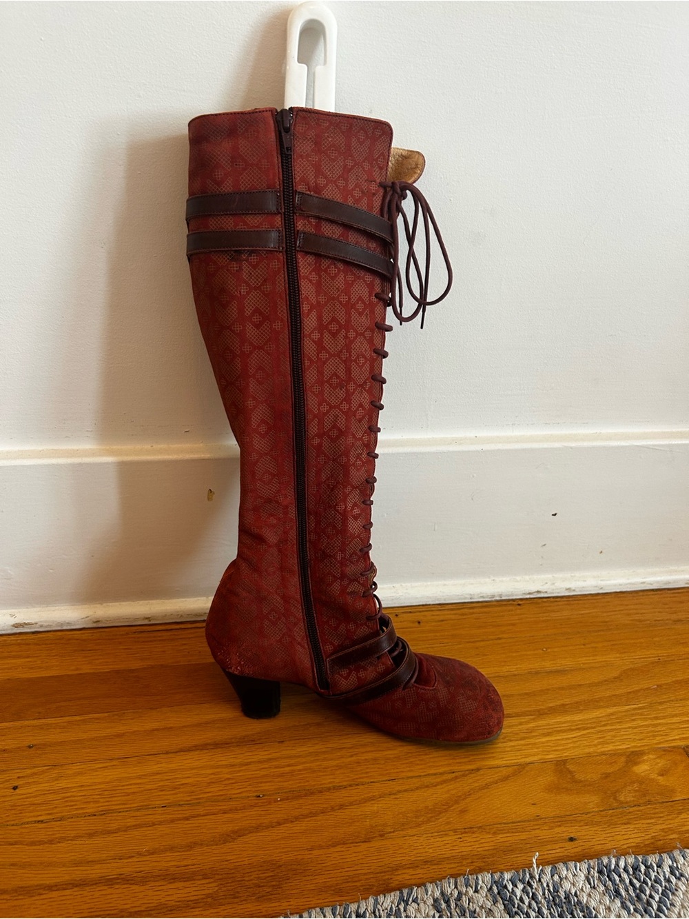 John Fluevog Operettas burgundy knee high boots